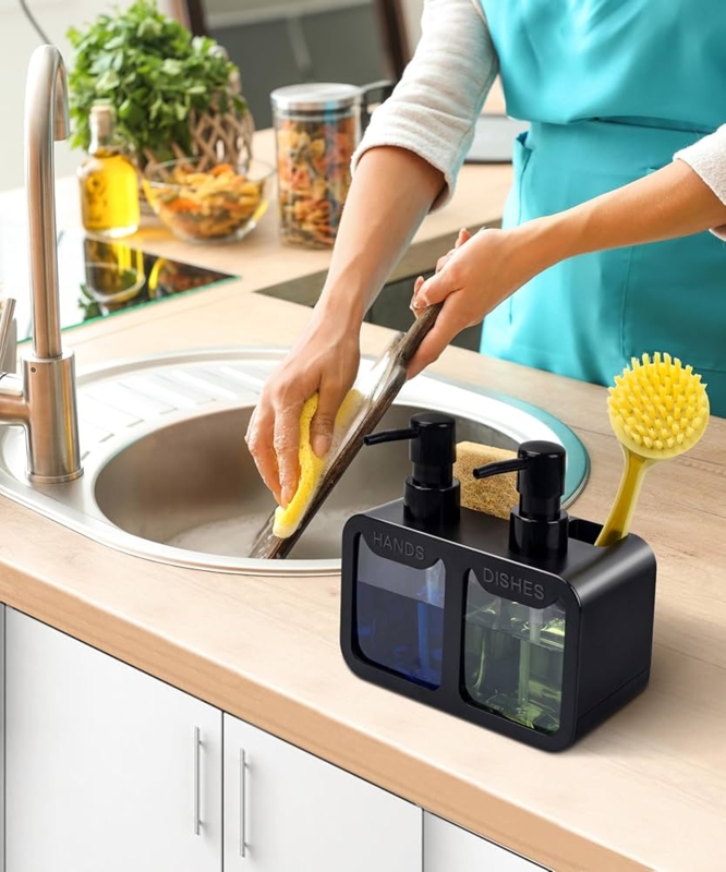 Soap Dispenser Caddy Matte Black Dual Pump with Labeled Windows