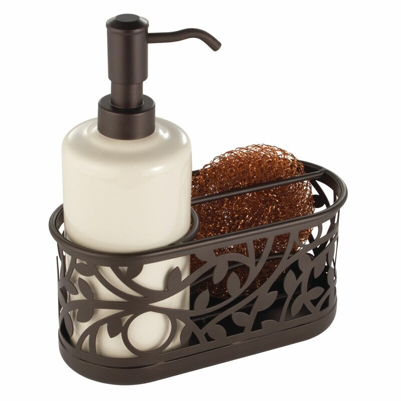 Soap Dispenser Caddy Oil Rubbed Bronze Leaf Lattice Cutouts Ceramic Bottle