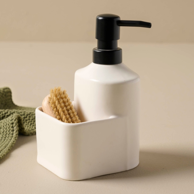 Soap Dispenser Creamy White Ceramic Integrated Caddy Farmhouse Style