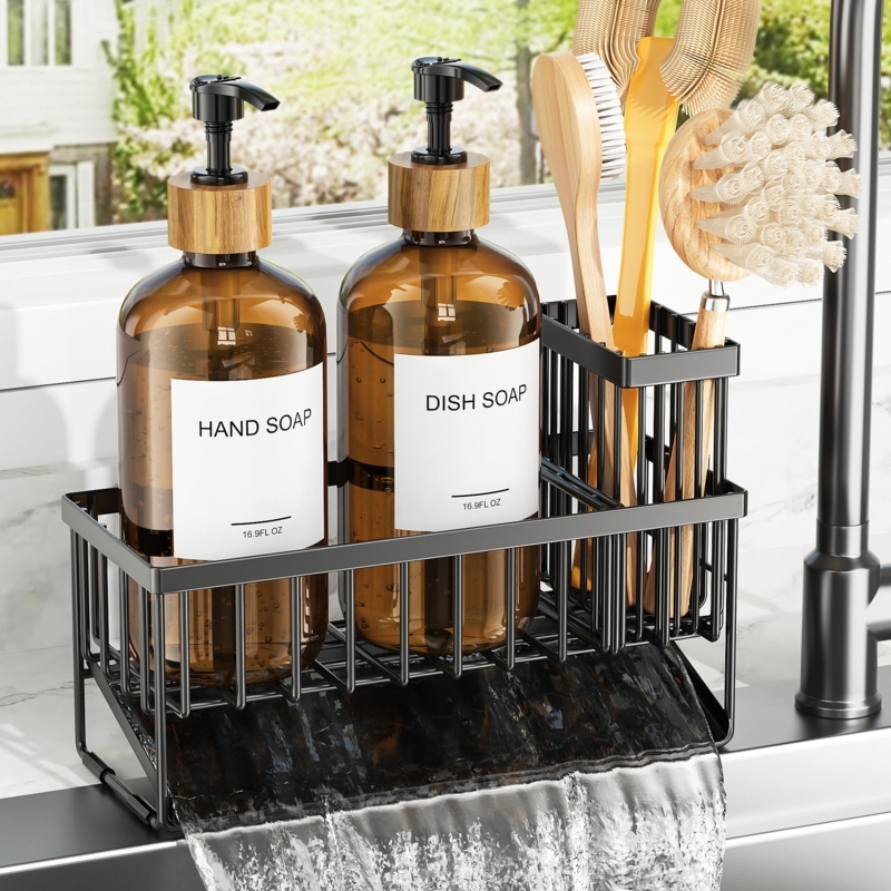 Soap Dispenser Set Amber Glass with Slanted Drainage Tray Caddy