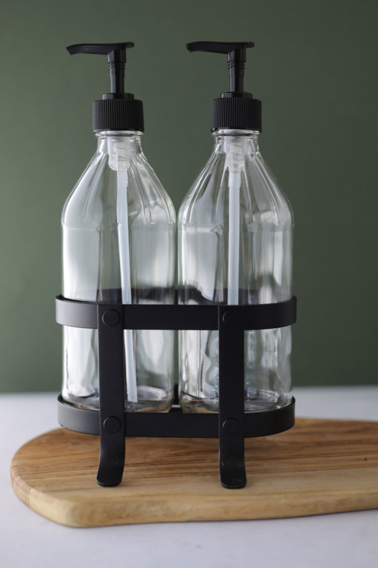 Soap Dispenser Set Vintage Industrial Rivet Accent Caddy Matte Black Stand