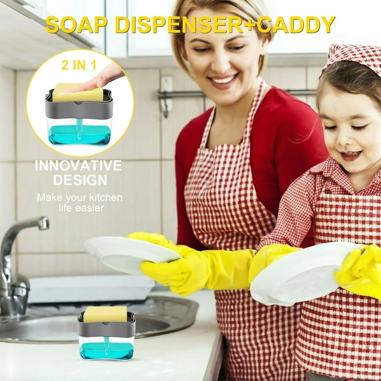 Soap Dispenser Sponge Caddy Top Press Down Pump Transparent Reservoir
