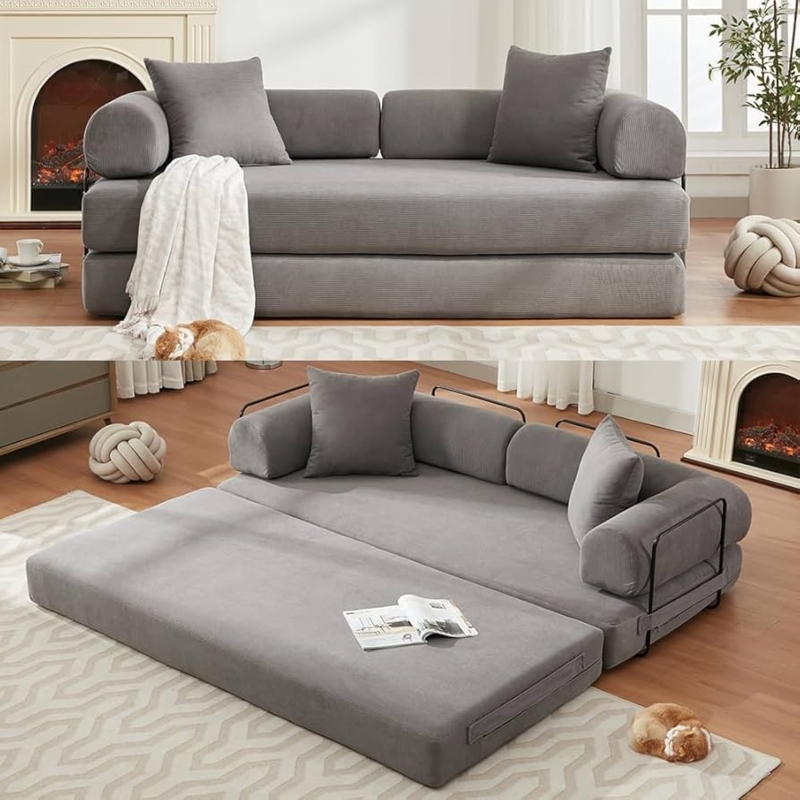 Sofa Bed Floor Couch Design in Slate Gray Corduroy with Bolster Arms