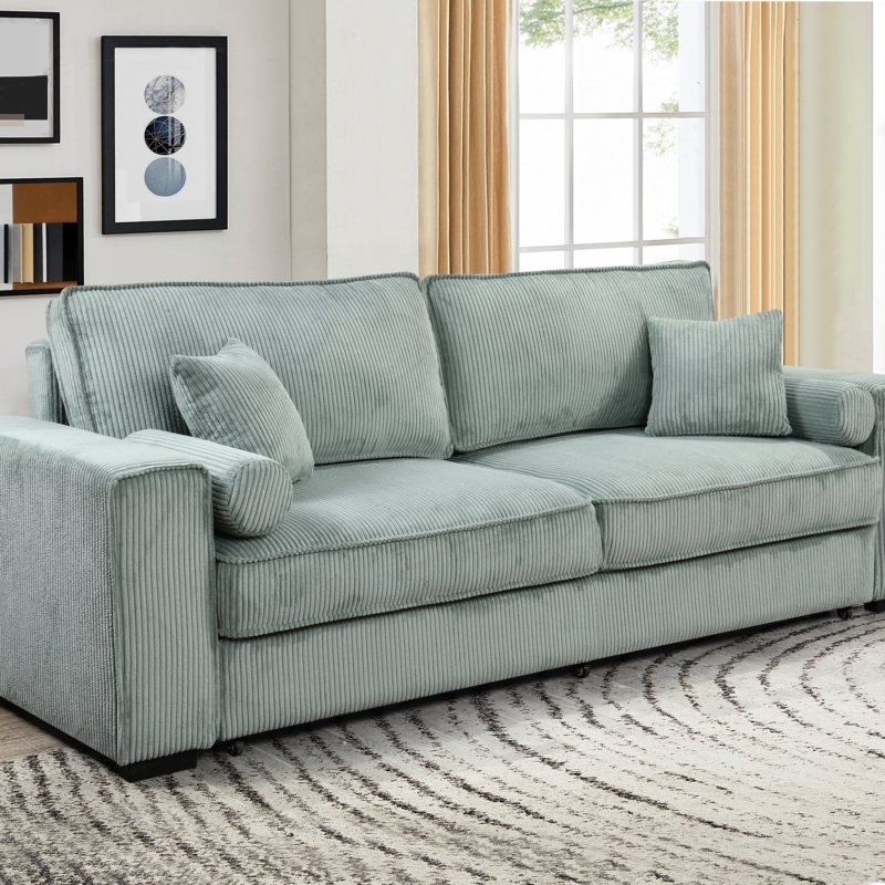 Sofa Bed: Seafoam Green Corduroy 3-Seater with Cylindrical Bolsters.