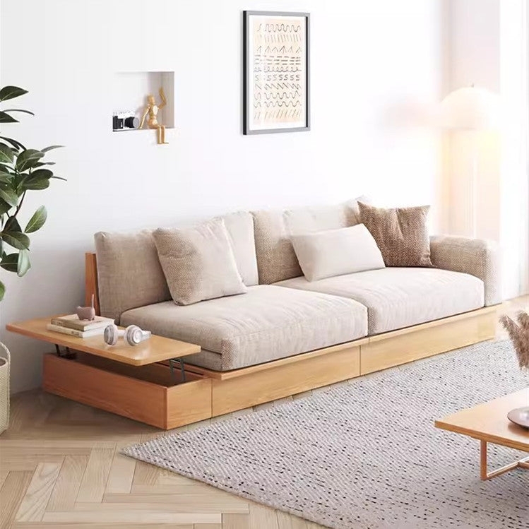 Sofa Bed with Liftable Armrest Storage and Wooden Base