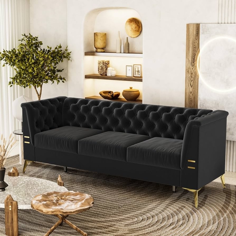 Sofa: Black Velvet Chesterfield Sofa, Gold Metal Legs, Mid-Century Modern