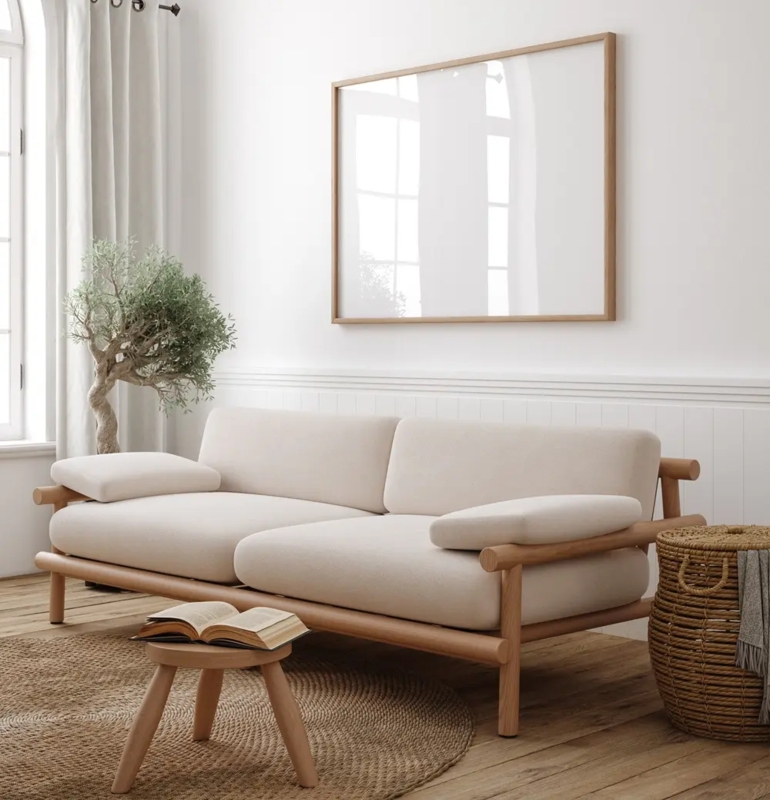 Sofa featuring Exposed Cylindrical Wood Frame and Pillow Arms