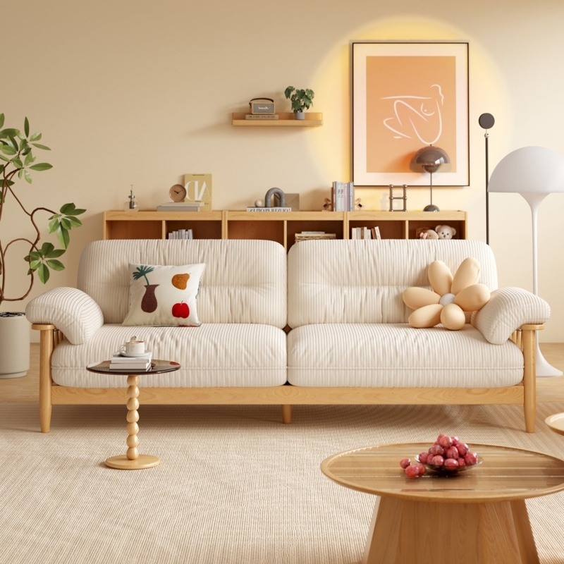 Sofa featuring Ribbed Corduroy and Ash Wood Spindle Details