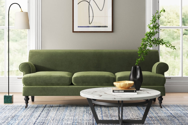 Sofa Olive Green Rolled Arms Front Casters Transitional Style