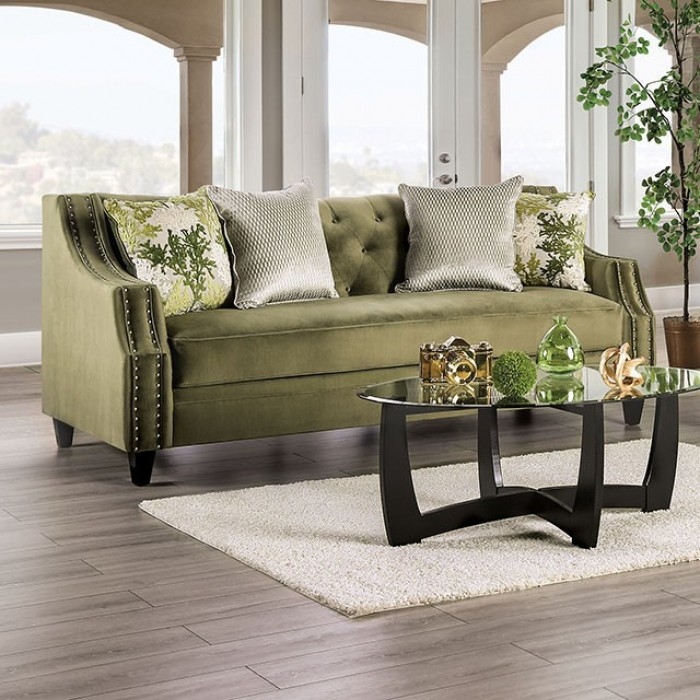 Sofa Olive Green Tufted Flared Arms Sculptural Glass Table