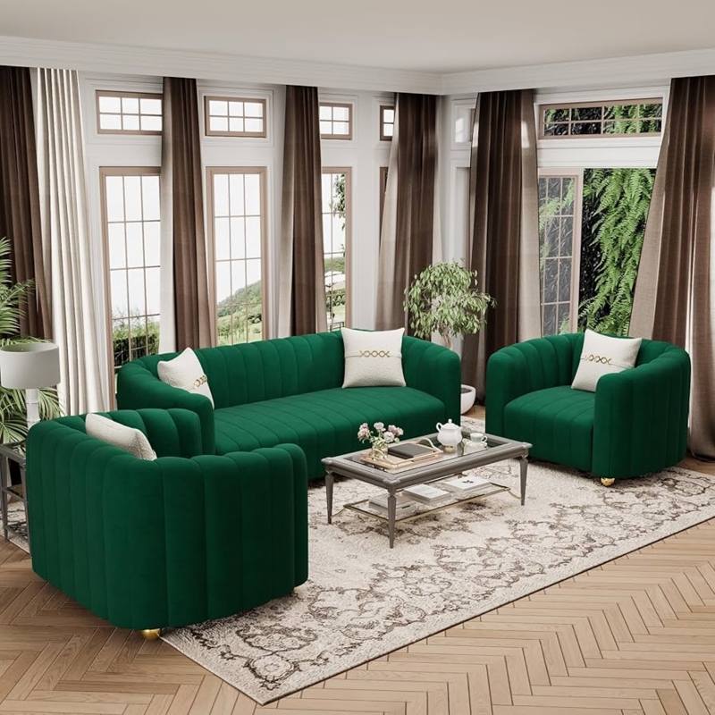 Sofa Set Channel Tufted Emerald Velvet With Gold Ball Legs