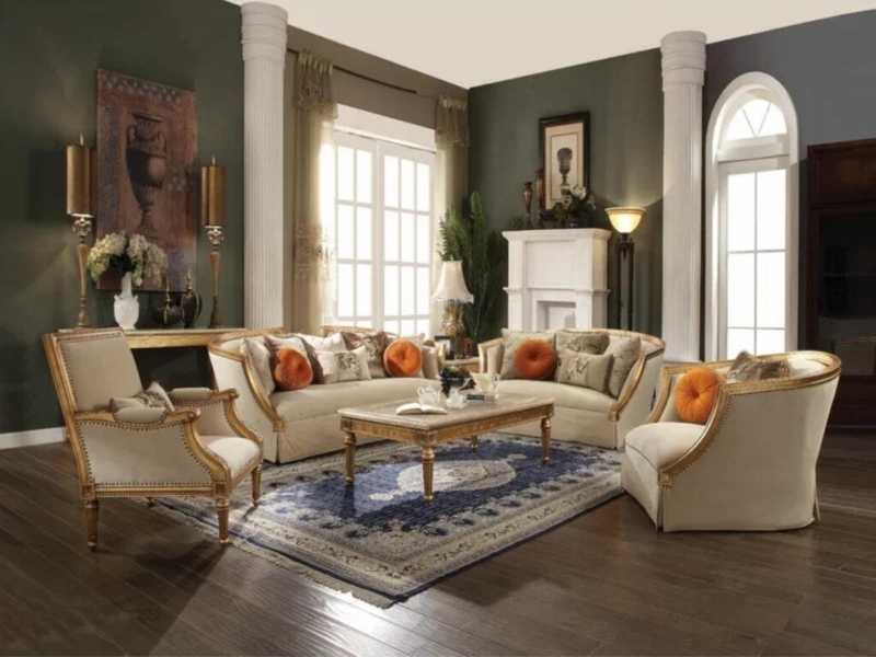Sofa Set: Cream Upholstered Seating, Antique Gold Frames, Neoclassical