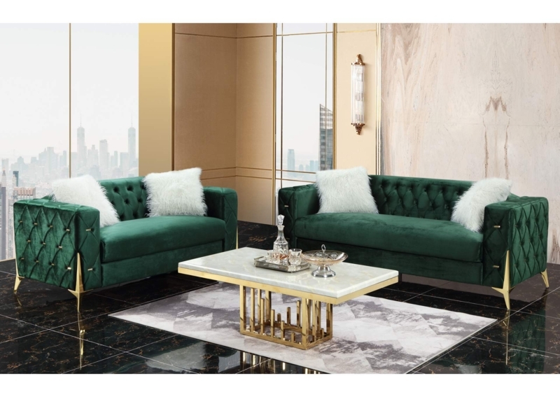 Sofa Set Diamond Tufted Velvet Gold Architectural Legs Glam Style