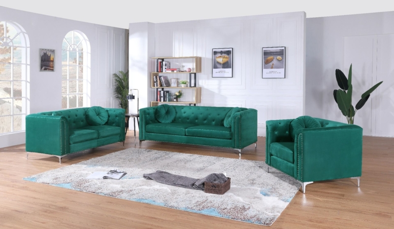 Sofa Set Emerald Green Velvet Silver Nailhead Trim Diamond Tufting
