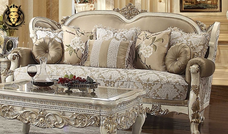 Sofa Set, Ivory Gold Frame, Hand Carved Details, Floral Jacquard
