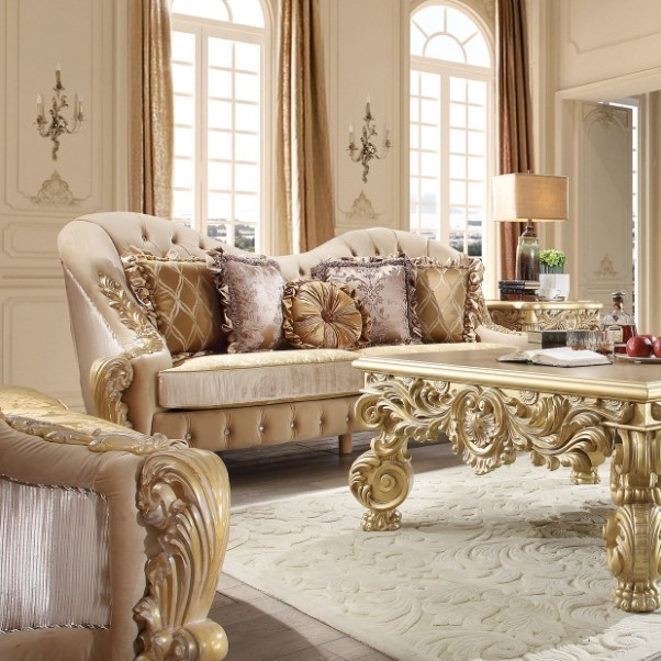 Sofa Set: Luxury Tufted Camelback Sofa, Antique Gold Finish, Baroque Style