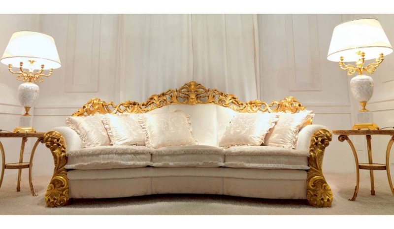 Sofa Set: Ruffled Trim Cushions, Elaborate Gold Carvings, Cream Fabric
