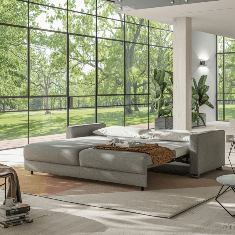 Sofa Sleeper: Heather Gray King Size with Track Arms and Pull-Out.