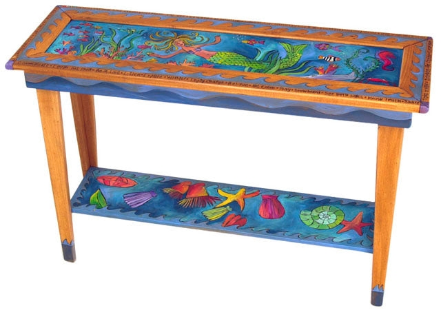 Sofa Table Mermaid Motif Whimsical Folk Art Hand Painted Ocean Blue