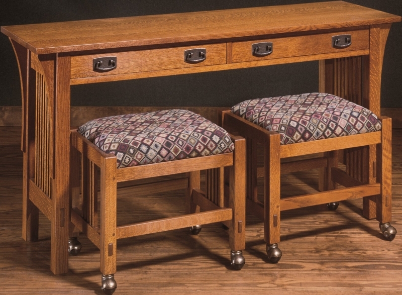 Sofa Table Set Mission Style Warm Honey Brown Nested Rolling Stools