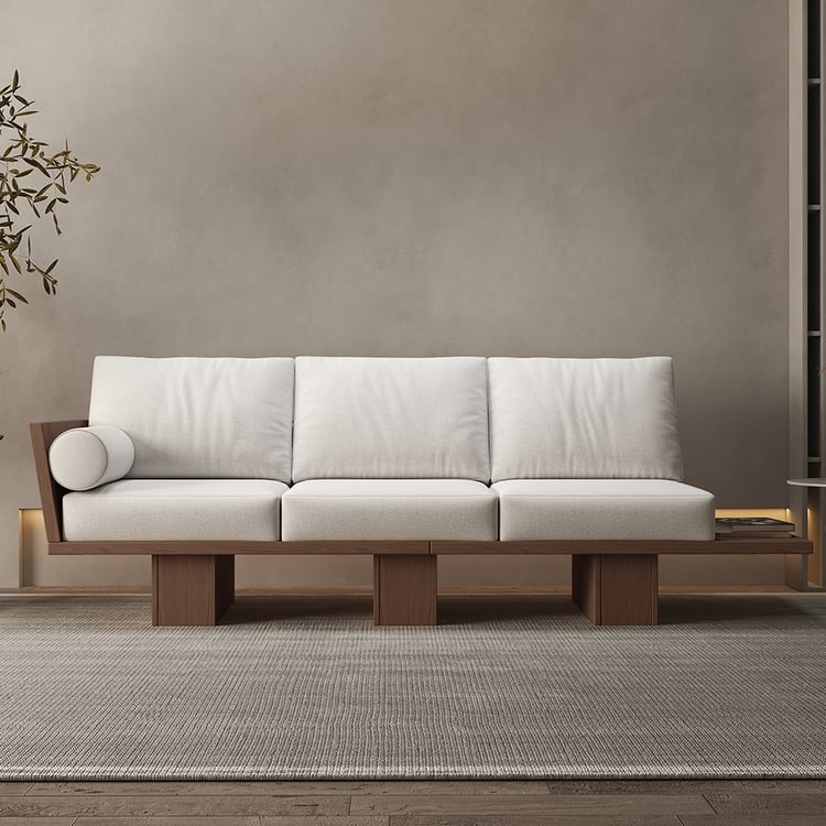 Sofa with Walnut Brown Frame, Block Legs, and Integrated Side Table