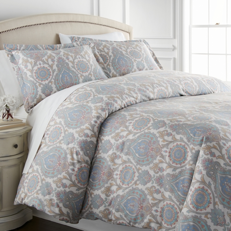 Soft Palette Paisley Comforter Set: Blue and Coral with Nailhead Trim