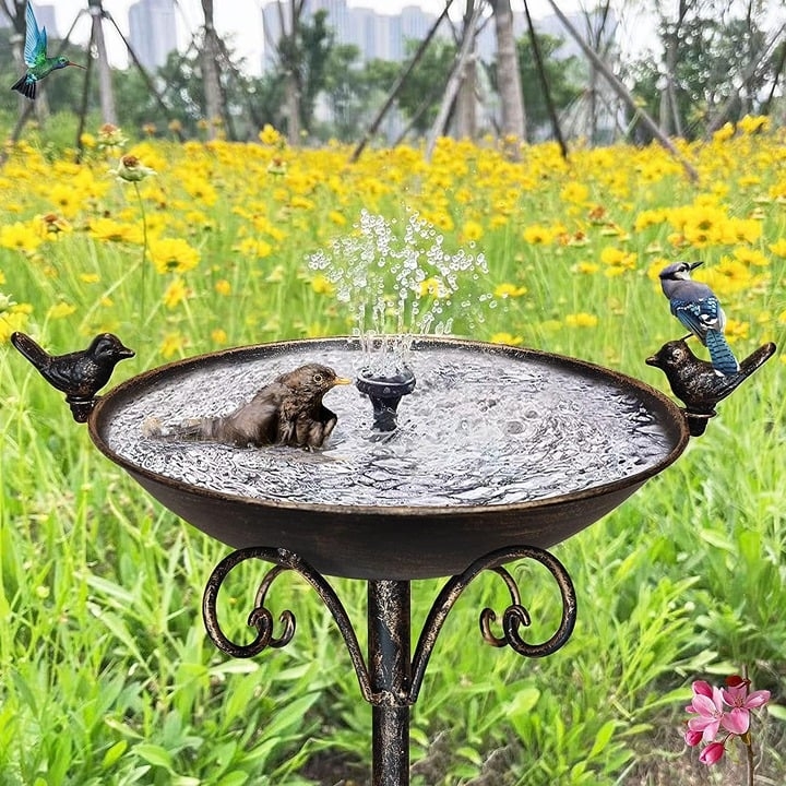 Solar Fountain Bird Bath with Dark Bronze Scrollwork Stand
