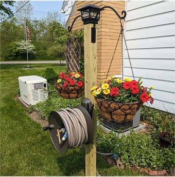 Solar Post Cap Reel: Wood Post Mount with Integrated Planter Hooks