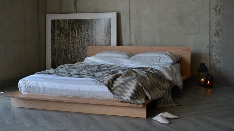 Solid Cherry Wood Bed Low Profile Wide Frame Japandi Style