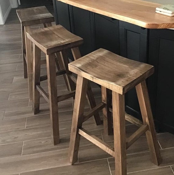 Solid Maple Bar Stool, Backless Saddle Seat & Farmhouse Style.