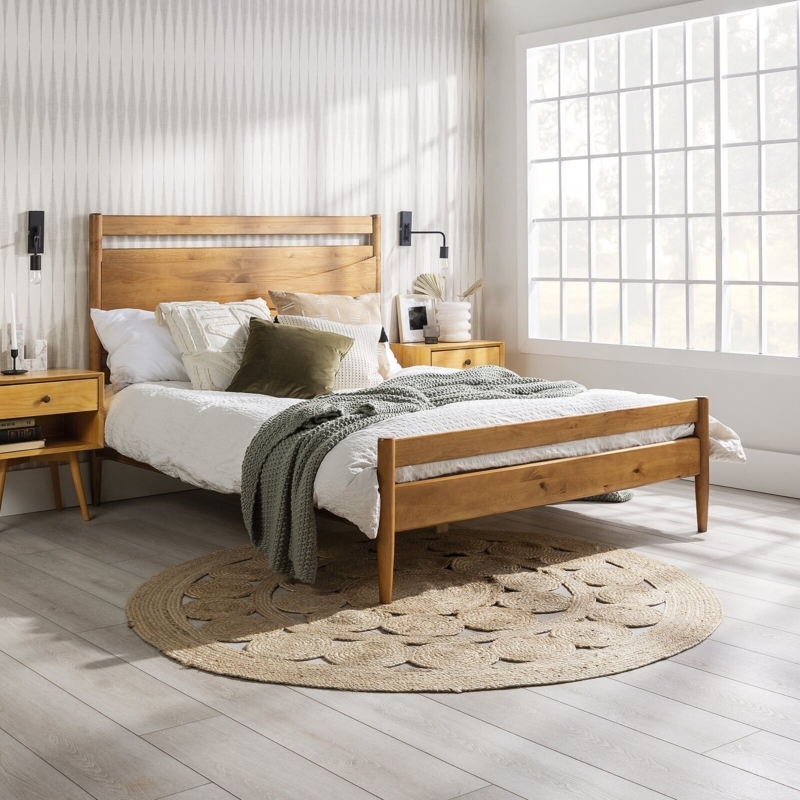 Solid Pine Japandi Bed Slatted Headboard Honey Wood Finish