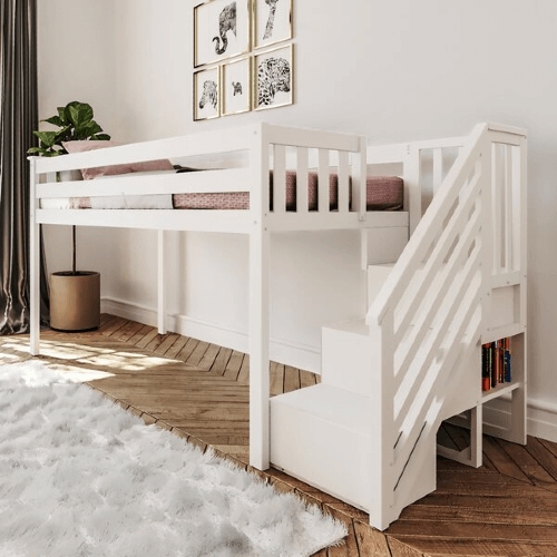 Solid Wood Low Loft Bed with Staircase and Side Storage Cubby, White