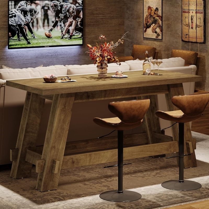 Solid Wood Pub Table, Trestle Base with Cognac Leather Swivel Stools