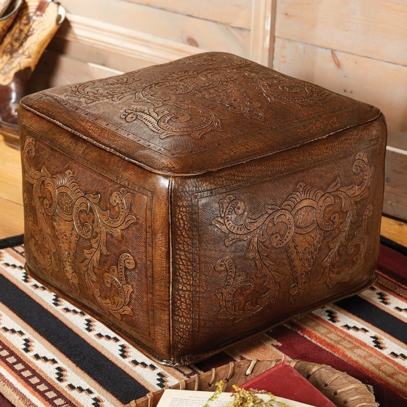 Southwestern Leather Ottoman Antique Brown Tooled Scrollwork Cube