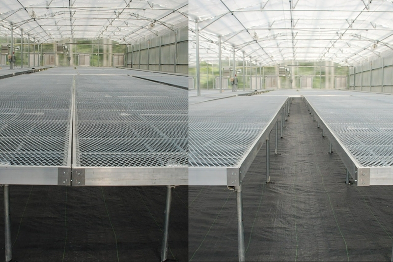 Space Saving Greenhouse Bench with Rolling Top for Aisle Optimization