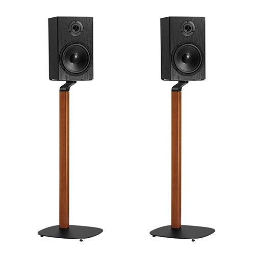 Speaker Stand Wood Toned Pillar Offset Bracket Slim Footprint Mid Century