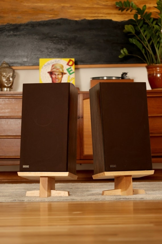 Speaker Stands Angled Tilt Natural Hickory Wood Cross Base Mid-Century