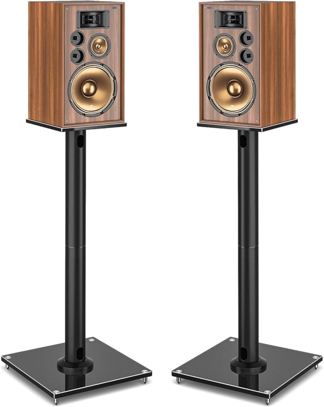 Speaker Stands Glossy Glass Base Cable Management Ports Spikes