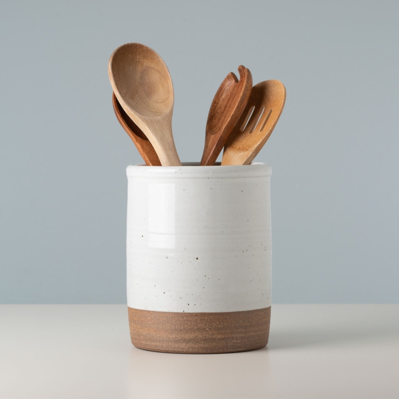 Speckled White Ceramic Utensil Crock with Exposed Clay Base