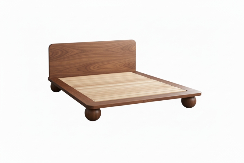 Spherical Leg Bed Low Profile Walnut Finish Curved Headboard
