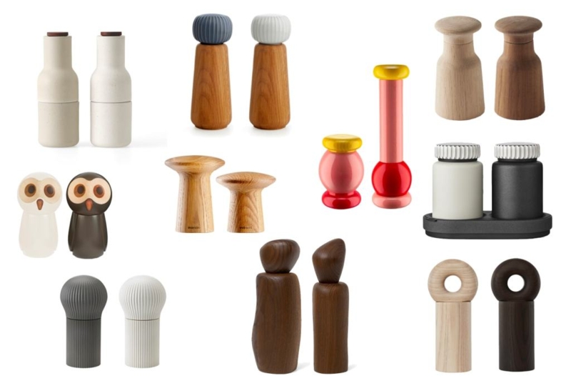 Spice Mill Set Ring Handle Sculptural Form Matte Finish Wood Toned
