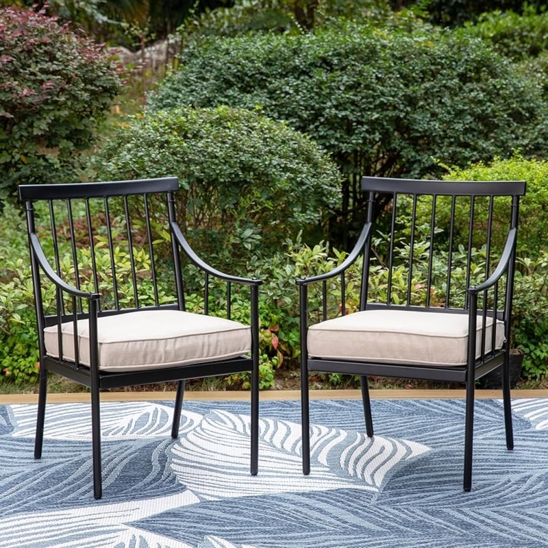 Spindle Back Metal Outdoor Dining Chairs with Beige Cushions, Set of 2