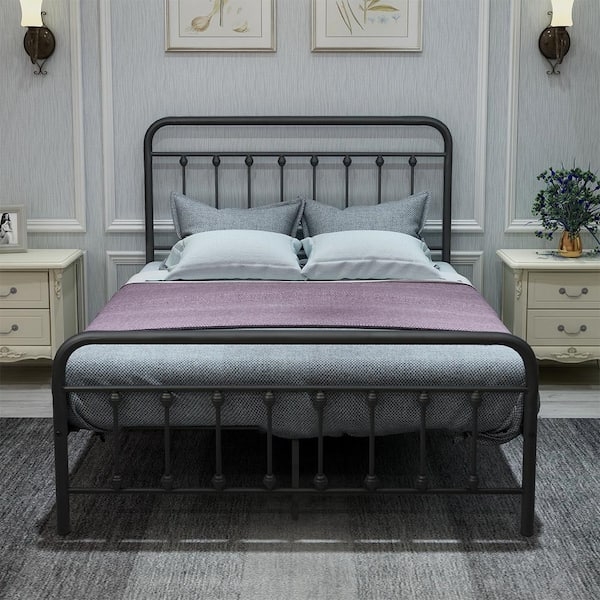 Spindle Headboard Metal Bed Frame With Matching Footboard Black