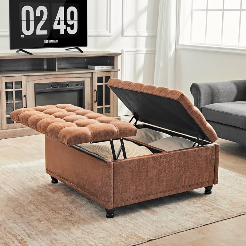 Split Lift Top Ottoman Saddle Brown Leather Tufted Nailhead Storage