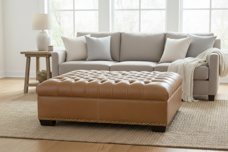 Square Chesterfield Ottoman Camel Tan Button Tufted Nailhead Trim