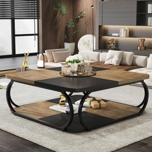 Square Coffee Table Checkerboard Top Curved Metal Legs Two Tier Storage