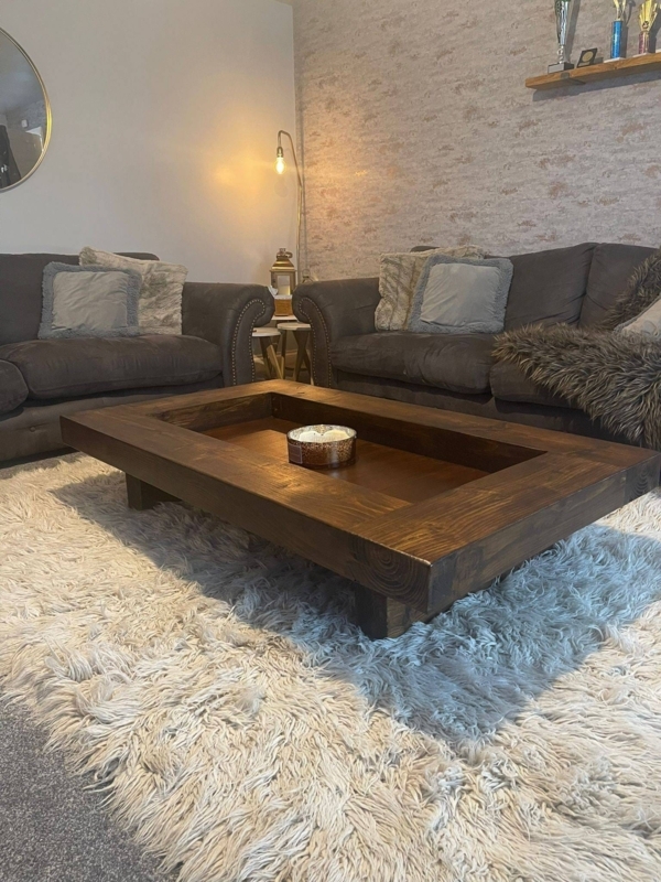 Square Coffee Table Chunky Sleeper Style Recessed Top Rustic Dark Wood