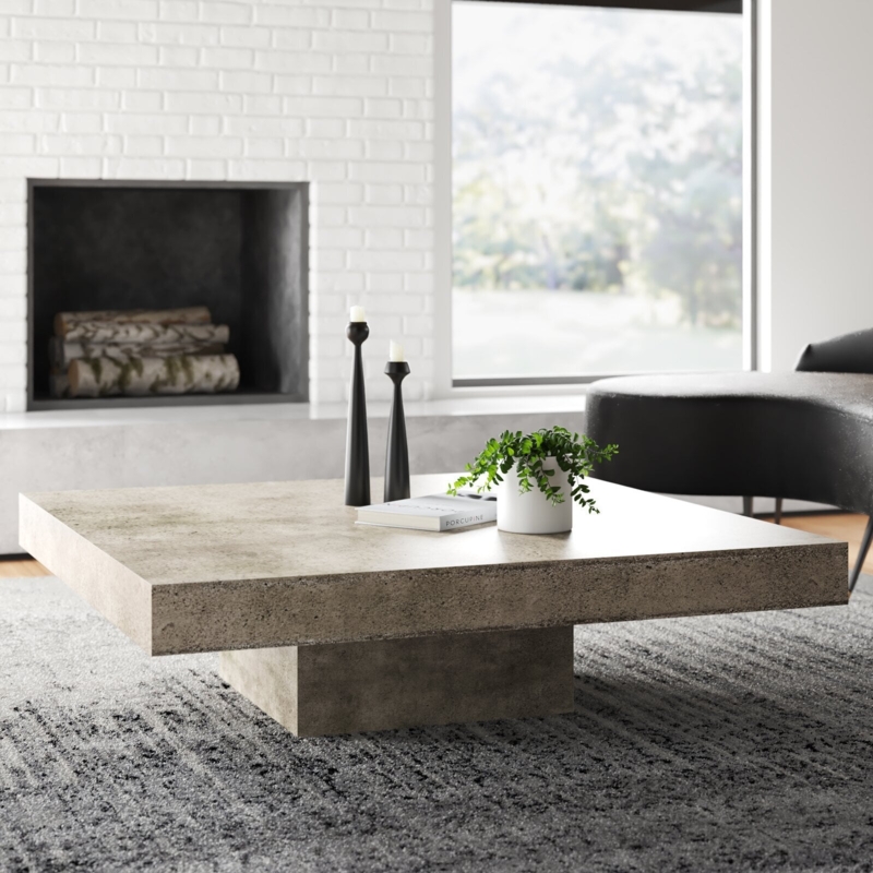 Square Coffee Table Concrete Texture Pedestal Base Stone Slab Brutalist