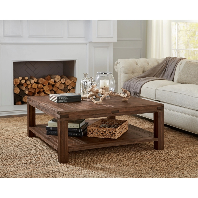 Square Coffee Table Distressed Wood Metal Corner Brackets Lower Shelf