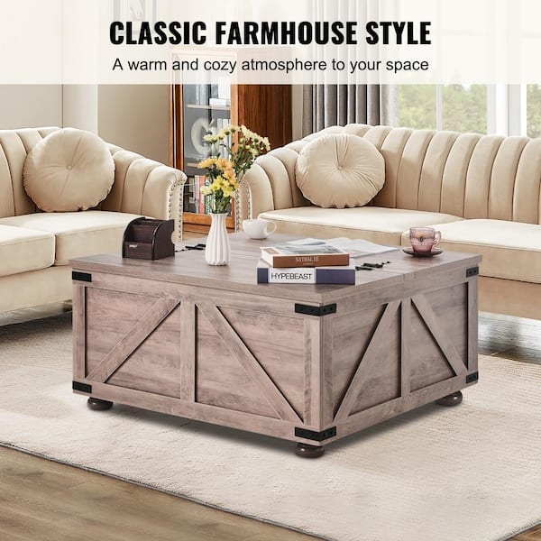 Square Coffee Table Gray Brown Finish Storage Trunk X-Brace Panels